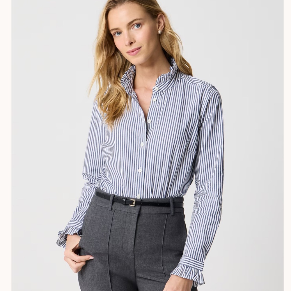 J.Crew Ruffle Neck Classic Blue and White Striped Women's Button up size M